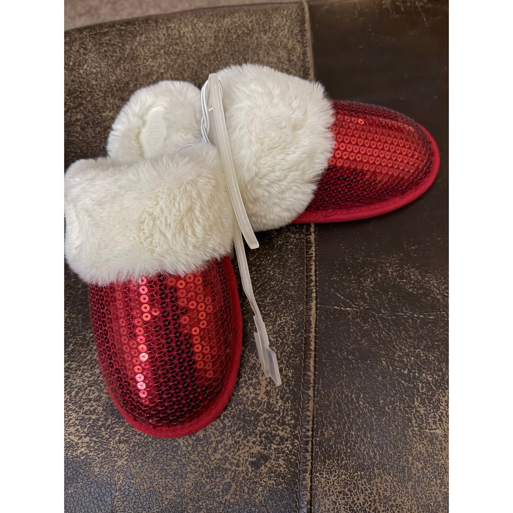 Cat & Jack Kids Red Sequin Faux Fur Scuff Slippers Size L 4/5 Holiday Sparkle